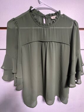 Monteau Olive Green Ruffle Neck Layered Sleeve Blouse